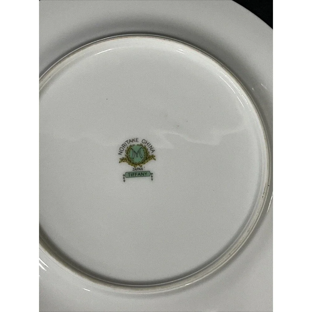 1930s Noritake Tiffany M Teacup Saucer Plate 4 Pc Set Gold Trim Ivory Aqua Beige